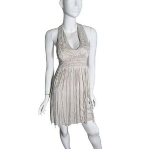 Vintage halter neck Babakul Dress taupe gray Fringe Boho Macrame Mini Festival S
